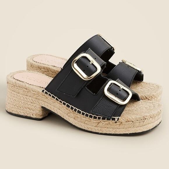 J. Crew Black Leather Double Strap Block Heel Espadrilles SZ 8 Made in Spain - Picture 1 of 15